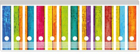 Wallario Ordnerrücken Sticker Buntes Holz - Bunte Streifen mit Farbe und Holzstruktur - Rückenschilder für 12 breite Ordner, Klebeetiketten