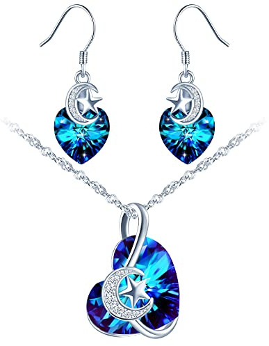 MICSAVI Juegos de Joyas Mujer - Corazón Amor Cristal con Luna y Estrellas Set Colgante y Pendientes Plata de ley 925 Conjunto de Joyas para Novia Boda Fiesta