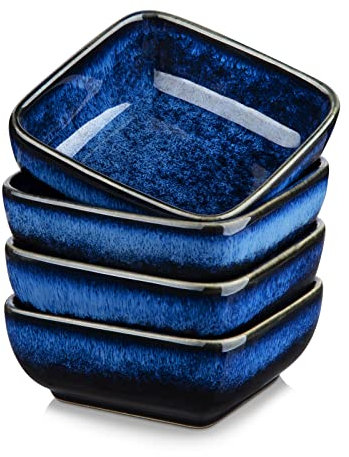 vancasso Stern Blue 4-Piece Saucer Dish Set, Reactive Glaze Dipping Snack Bowl, Ceramic Small Serving Dish/Condiment Dish/Seasoning Bowl/Sushi Soy Dish, Square (9.5x9.5x3.8cm)