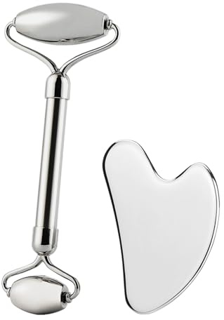 Set Gua Sha y Rodillo Facial de Acero Inoxidable 304 | Masajeador Facial Efecto Frío, Rodillo Doble para Rostro y Ojos | Drenaje Linfático, Papada, Ojeras, Bolsas