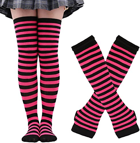 Thajaling Calzini da donna, guanti senza dita a righe Set di calzini alti fino al ginocchio,ragazze Cosplay a strisce calze lunghe guanti buco per Halloween (Rosa/Nero)