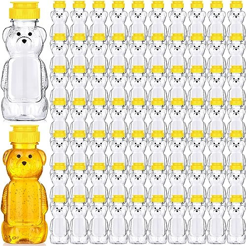 Thenshop 96 Stück Kunststoff-Honigflaschen, 340 ml, leere Honigquetschflasche, Honigbärbecher mit gelbem Klappdeckel, Bärenförmige Behälter, Honigglas für Honigsaft Aufbewahrung und Dosierung