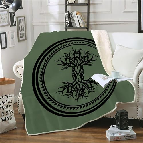 WIKINGER Kuscheldecke Sherpa Decke 150x200 cm Mikrofaser Super Weich und Warme Winter Blanket 3D Viking Baum des Lebens Wohndecke Fleecedecke Flauschige Sofadecke für Sofaüberwurf Tagesdecke
