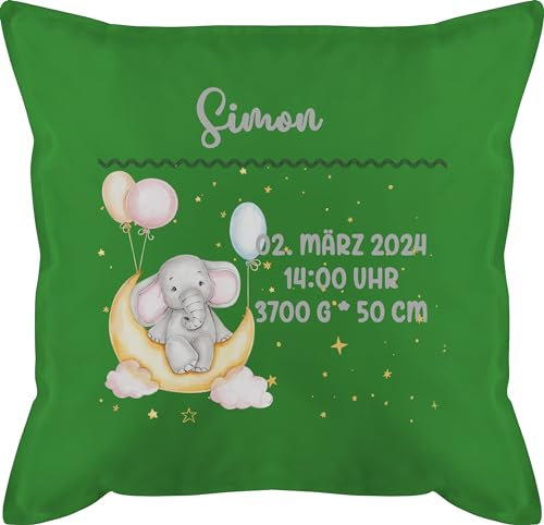 Kissen 50x50 - Geburtsgeschenk Elefant personalisiert mit Name Datum Uhrzeit Gewicht Größe I Geschenk zur Geburt - 50 x 50 cm - Grün - personalisierte Geschenke Baby geburtskissen neugeboren