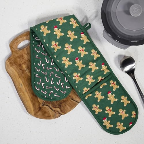 Premier Decorations 90cm Christmas Gingerbread Man And Candy Cane Double Oven Glove Mitt Pot Holder Green Festive Kitchenware Xmas Novelty Gift