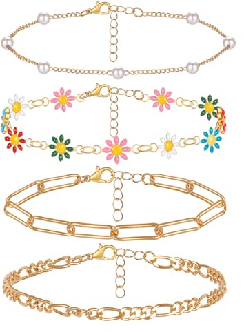 4 stycken vristlänk för kvinnor, justerbar vristarmband mode bohemisk pärla fotkedja hypoallergen fotkedja smycken födelsedag alla hjärtans dag present, färgglada blommor