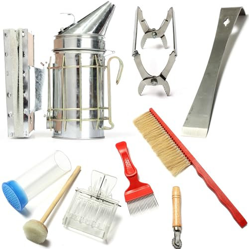 Bienenzucht Werkzeug Set, Edelstahl, 8 Teiliges Imkerei-Werkzeugset, Imkerei Imkereibedarf, Beekeepe, Imker Zubehör, Bee Smokers 8.5x23cm