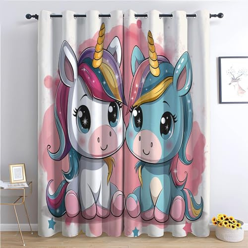 CozyRest Kinder Vorhänge Zwei süße Cartoon-Einhörner Ösen Gardinen mit Blickdichte Thermo Vorhang Kälteschutz Blackout Curtain Kinderzimmer Schlafzimmer Ösenvorhang Bunt H 214 x B 91.5 cm