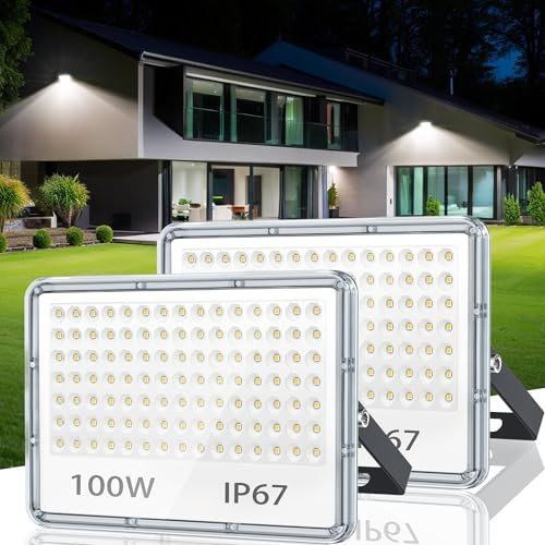 TASINUO 100W LED Floodlight Outdoor Security Lights 10000LM 2 Pack | IP67 Waterproof LED Flood Lights 6500K Daylight Outdoor Lights for Garden, Yard, Garage, Warehouse, Loft, Billboard