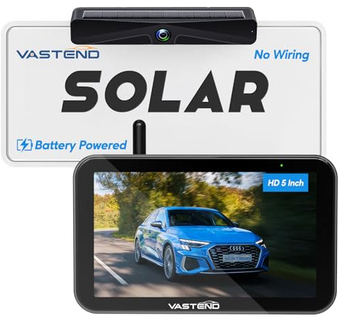 VASTEND Solar Reversing Camera Wireless, Rear View Camera with 5 1080P Monitor, 4800mAh Backup Camera, 150° Wide Angle, IP69 Waterproof, Reverse Camera for Car, Pickup, SUV(VS-5A)