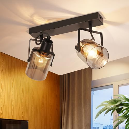 CBJKTX Deckenstrahler Schwarz Deckenlampe Vintage - 2 Flammig Deckenleuchte 350° Schwenkbar Küchelampe Rauchgrau Glas Deckenspots E14 Flurlampe für Schlafzimmer Flur Küche Wohnzimmer（Ohne Lichtquelle）