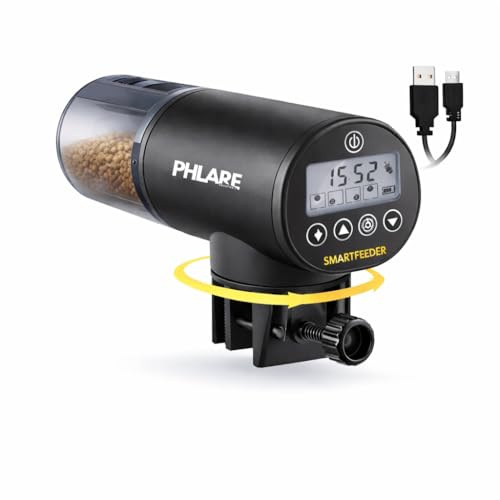 PHLARE Aquatics - Automatic Fish Feeder for Aquariums - Rechargeable Auto Timer Feeder for Vacation | Fits Flakes & Pellets | 200ml Capacity