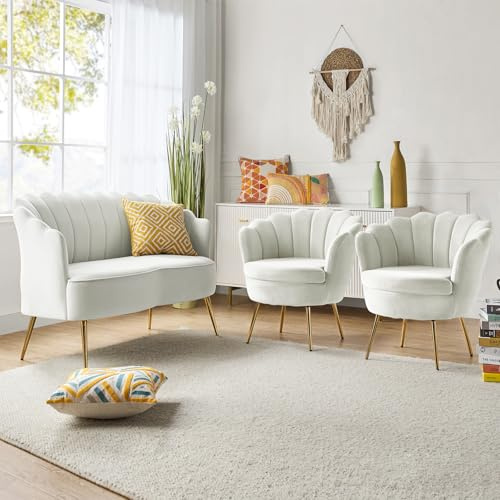 FABRICATION HAUS 3 Piece Velvet Living Room Furniture Set, Cream Loveseat & 2 Armchairs, Modern Upholstered 2 Seater Sofa Couch & 2 Accent Chairs Set for Bedroom, Flower Shaped Back & Gold Legs, Ivory