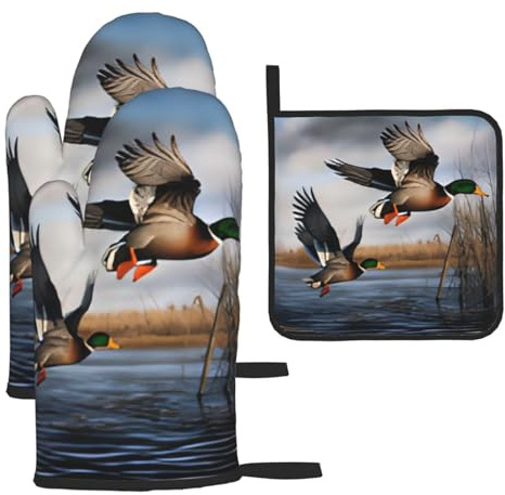 Oven Mitts And Pot Holders 3 Pcs Set - Hunting Flying Wild Ducks - Insulated Microwave Oven Mitts And Cooking Mitts, Anti-Skid Oven Gloves Set With Hot Pads, For Cooking, Baking, Grilling