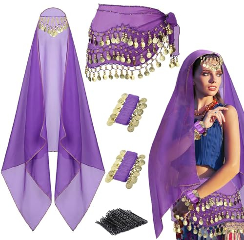 GZJINYUAN 4Pcs Belly Dancer Outfit Sets, Chiffon Head Scarf,Belly Dance Hip Scarf, 2 Coin Wrist Bracelets, 50 Bobby Pins,Belly Dance Costume for Women (Purple)