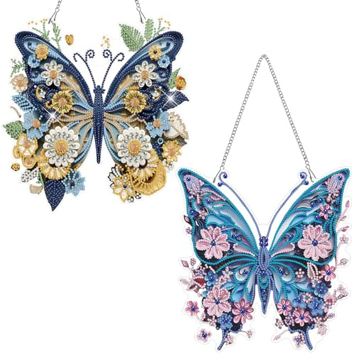 Fokenzary Diamond Art-kit för vuxna 5D Diamond Painting-hängekit Färgglada fjärilar Diamond Painting-kit för nybörjare DIY Specialformade kristallstenskonst (24 * 24cm*2 st)
