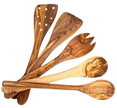 EMNA – Juego de utensilios de cocina de madera de olivo de 5 piezas | Hecho a mano y sostenible | Cuchara de cocina de 30 cm, espátula plana y ranurada, cubiertos para ensalada, antibacteriano,