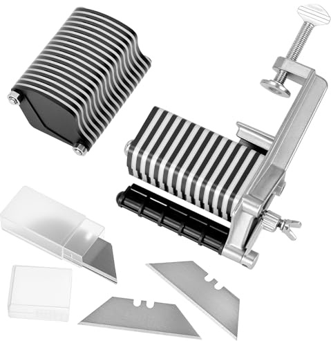 QWORK Cortador de encaje de mesa de cuero, flecos manuales, cinturones de tiras de trenzado y herramienta de corte de cordones con 5 cortadores reemplazables