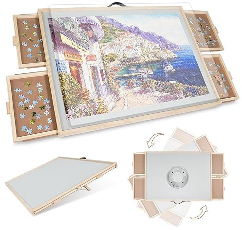1500 pezzi, 2 in 1, inclinabile e girevole, per adulti, tavolo puzzle in legno con 4 cassetti, 64 x 87 cm, tavola portatile con Lazy Susan e copertura