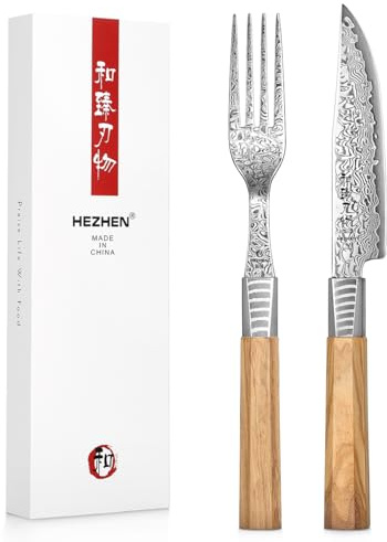 HEZHEN Juego de Cubiertos de 2 Piezas,Juego de Cuchillo y Tenedor para Filete de Acero Damasco,Cuchillos de Bistec y Tenedor de Mesa de Damasco,Mango Octogonal de Madera de Olivo