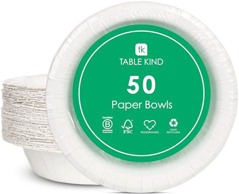 Table Kind 50 x Bulk Pack White Paper Bowls Eco-Friendly Disposable Bowls for Camping Catering Salad Dessert Cereal Recyclable Birthday Party Supplies Home Compostable 18cm