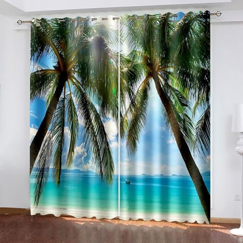 AMDXD Tenda oscurante vintage, con palma e paesaggio, motivo opaco, larghezza 107 x altezza 214 cm, confezione da 2 pezzi, protezione dal freddo, protezione acustica, blu e verde, 107 x 214 cm