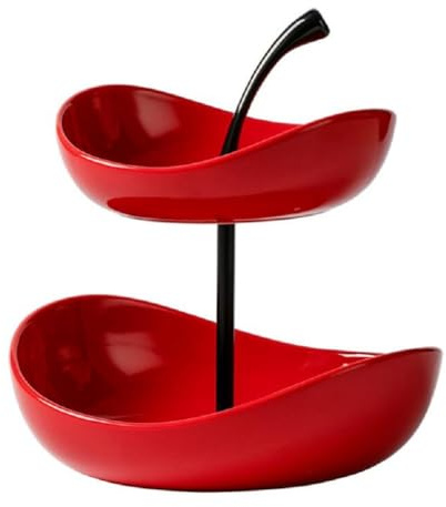 JUNYFFF Obst Etagere Mit 2 Etagen Obstschalen Aus Keramik, Platzsparendes Obstkorb Etagere Für Die Familie - Moderne Obstschale, Geeignet Für Gemüse, Obst, Snacks, Süßigkeiten,Rot