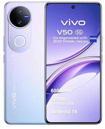 VIVO V50 5G Smartphone 12GB RAM 512GB ROM, 120Hz 6.77 AMOLED, 6000mAh Batería, Cámara Profesional ZEISS 50+50 MP, Snapdragon 7 Gen 3, IP69, Dual Sim, NFC, Android 15, Morado
