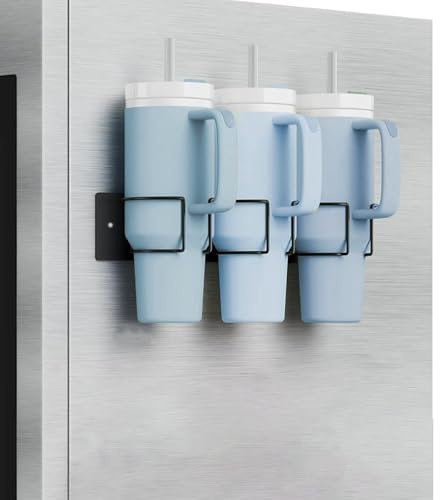 Gzsekken Magnetic Stanley Cup Holder, 3 Slots Black Metal Water Bottle Storage, Magnetic Fridge Shelf Organiser for Stanley 30-40 oz with Handle for Kitchen, Cabinet, Refrigerator
