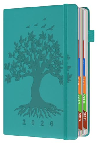 Diary 2026 A5 Day Per Page January to December, 2026 Diary Page a Day Full Year Daily Planner with Monthly Overview, Colorful Tabs and Fine Inner Pocket (Tree)
