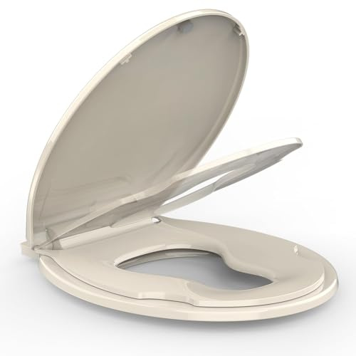 17'' Round Toilet Seat with Toddler Seat Built in - Fits Both Adult and Child, Soft Close, Easy Installation & Cleaning, Comfortable Design, Fits Standard Round Toilet, Almond