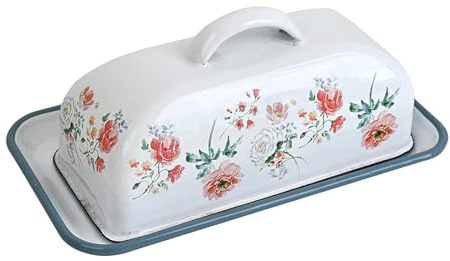 Mantequillera Con Tapa Mantequera esmaltada con tapa vintage motivos de flores y pájaros granja(Blue)