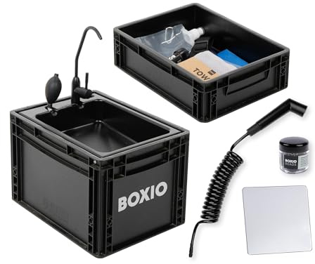 BOXIO – WASH Max+: Mobilt handfat på 40 x 30 cm i komplett set: filtersystem, campingdusch, rengöringspärlor, spegel, campinghandfat med pump utan el, campingtillbehör i eurobox.