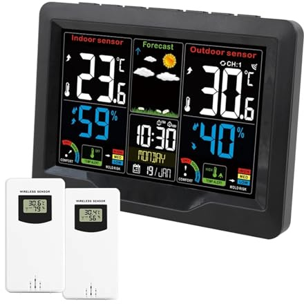 Station météo, thermomètre, prévision d'humidité, réveil de qualité moisissure, outil de Table de bureau sans fil 3 avec capteurs extérieurs,Prédire avec précision(Sensor 2)