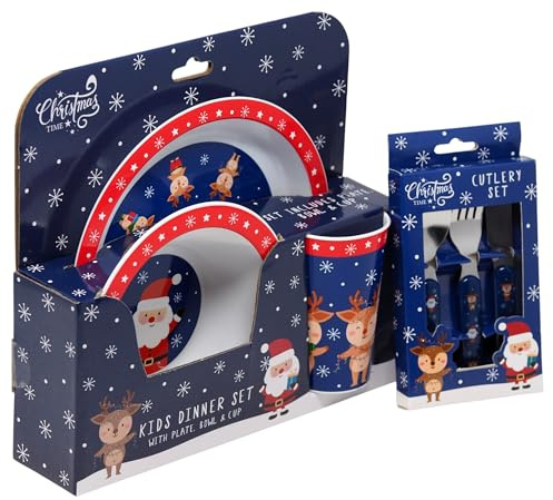 Christmas Plastic Kids 6 Piece Dinner & Cutlery Set - Blue Plate Bowl Cup Cutlery