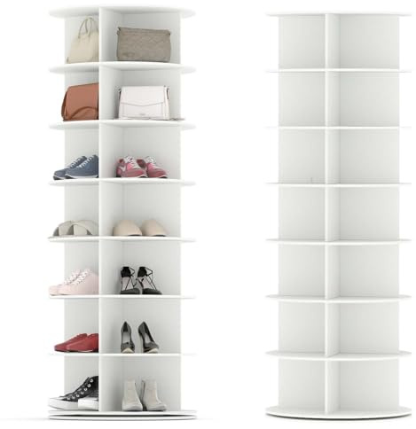 Songvas Scarpiera Rotante, 7 Ripiani, Ruotabile 360°, Rotonda, Adatta per Riporre Scarpe, Borse, Decorazioni, Ideale per Armadio, Ingresso, Camere da Letto, Bianco 160x59cm, Materiale MDF