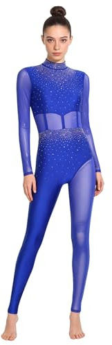 inhzoy Body Ginnastica Ritmica Donna Manica Lunga Balletto Body Danza Classica Moderna Tuta Intera da Pattinaggio Artistico con Strass Jumpsuit Tutina Dancewear Blu reale S