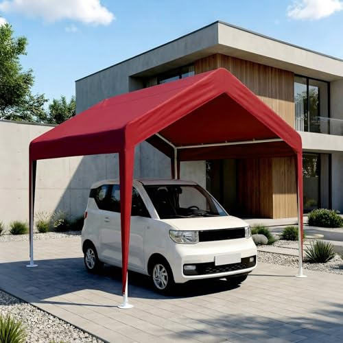 MBBTAG Carport Carpa para Coche Garaje Exterior Sin Paredes, Estructura de Metal con Refuerzo Triangular, Toldo Oxford Impermeable Anti UV para Barco(Rojo,3x3m)