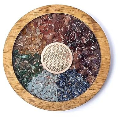 XdeliX Chakra Untersetzer Blume des Lebens 10 cm 7 Edelsteine Mangoholz
