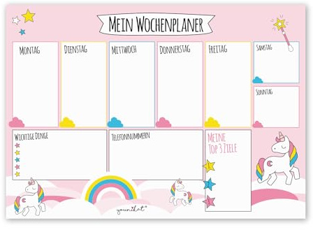 Wochenplaner Einhorn | DIN A3 | dv_106 | Schreibtischunterlage mit 40 Blatt | für alle großen und kleinen Mädchen, die Einhörner lieben | 80 g/m² Offsetpapier mit Einhorn-Motiv, Wochenplaner für Termine, Aufgaben und Notizen im Alltag