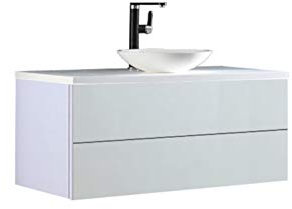 StoneArt Badmöbel Set mit Mineralguss Waschbecken Waschschale Aufsatzwaschbecken und Unterschrank Waschtisch Einzel- oder Doppelwaschbecken Brugge BU-1001pro-4 weiß 100cm