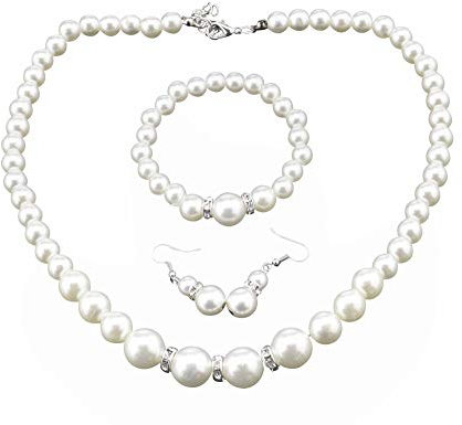 BIYM 3tlg. Perlen Schmuck-Set Perle Halskette Ohrringe Armband Damen Schmuck Hochzeit Braut Schmuckset Cremeweiß