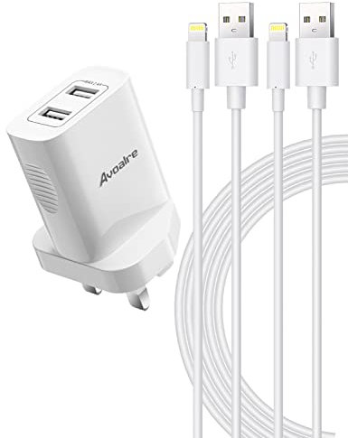 Avoalre iPhone/iPad Charger Plug with 2x 2M USB Lightning Cables, Wall Charging Plug UK Power Adapter for iPhone SE 2020, 11, 12, X, XR, XS, 8, 7 Plus, 6S, iPad - MFi Certified
