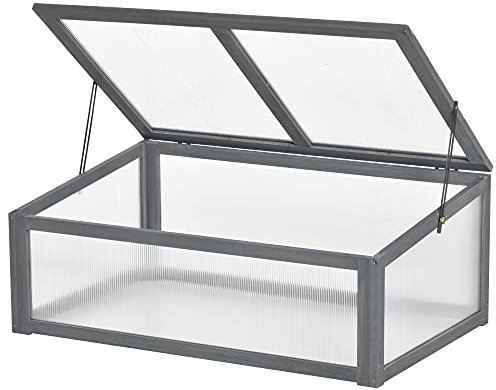 Outsunny Wooden Cold Frame, Small Polycarbonate Greenhouse for Plants with Openable & Tilted Top Cover, Grey, 100 x 65 x 40cm