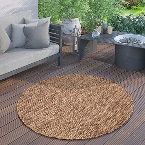 Paco Home Outdoor Teppich für Terrasse Balkon & Garten Flachgewebe Sisaloptik Modern Einfarbig Meliert Wetterfest Pflegeleicht, Grösse:200 cm Rund, Farbe:Coffee