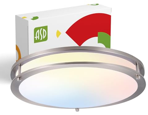 ASD LED 18 Round Flush Mount Lighting, Close to Ceiling Light Fixture | 3CCT, Dimmable, Energy Star, ETL Listed | 28W 2230LM 3000-5000K 120V | Low Profile Double Ring Lamp | Nickel
