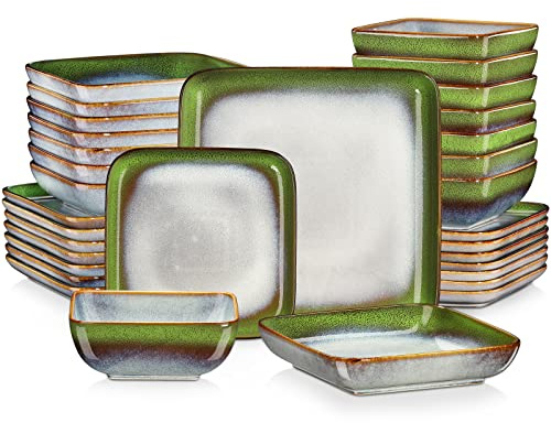 Vancasso Stern Vaisselle de table en grès de forme carrée, glaçure réactive, 32 pièces, assiettes plates, assiettes à dessert, bols et assiettes creuses, pour 8 personnes, bleu-vert