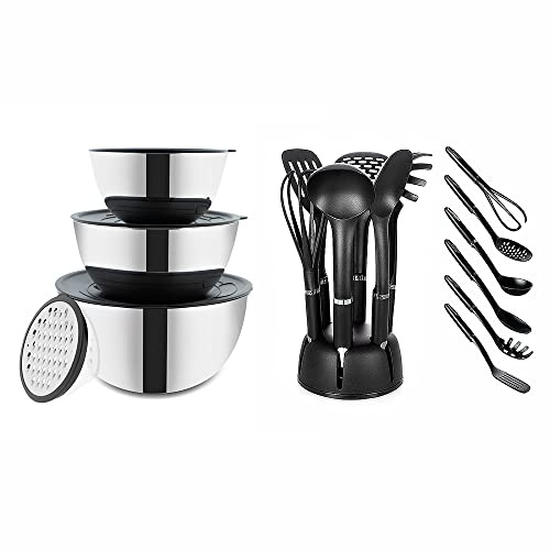 BEM Küchenset - Edelstahl Schüssel Set mit Deckel und Reibe, 3 Größe 1.8L 3.4L 5.5L und 6-tlg. Küchenutensilien Kochlöffel Küchenhelfer Set mit Kochutensilien Behälter