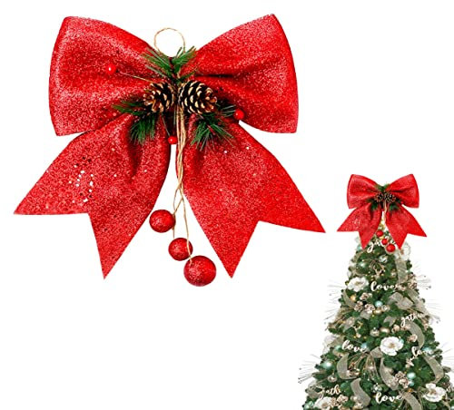 1P Red Topper bow for Tree, 9.8x11.8in Glitter Wreaths Large Sequin Ties Xmas Ornaments, Foam Bows Garland Decor