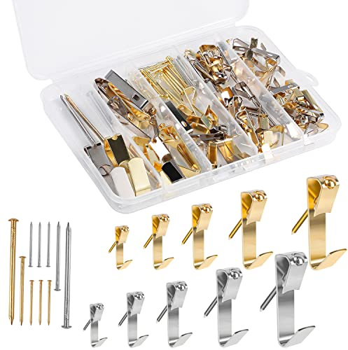 120 ganci per cornice foto, kit di ganci per immagine, gancio da parete in metallo con chiodi per fissaggio cornici per foto, specchi opere d'arte (5 misure, oro argento)